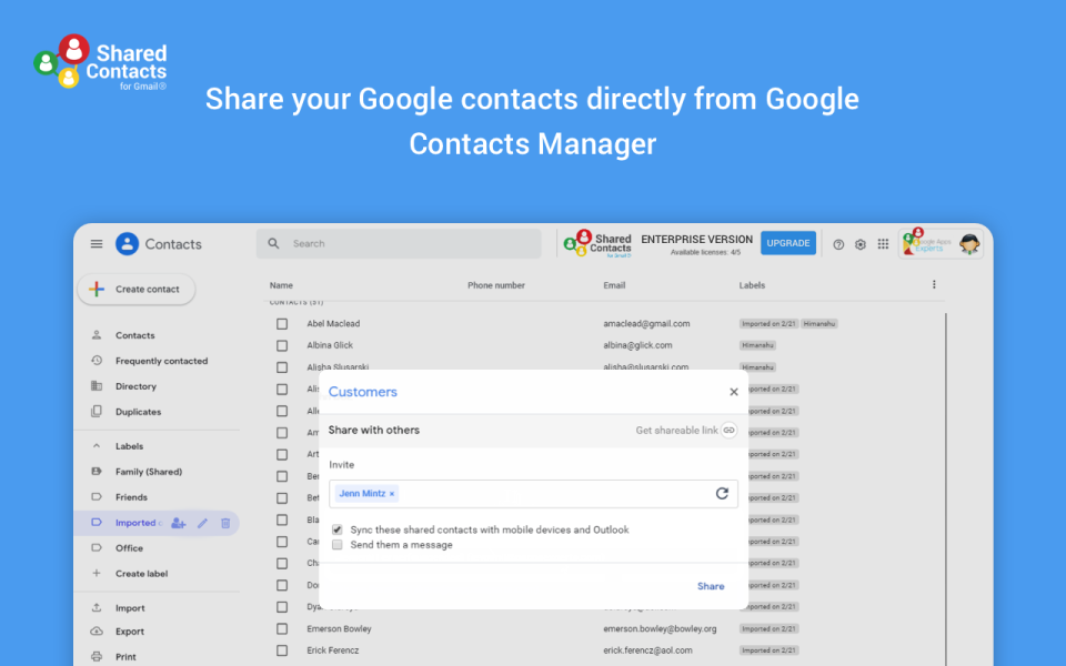 screenshot of Shared Contacts for Gmail